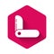 White Swiss army knife icon isolated with long shadow. Multi-tool, multipurpose penknife. Multifunctional tool. Pink