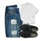 White t-shirt, blue boyfriend jeans and black textile shoes