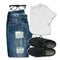 White t-shirt, blue boyfriend jeans, glasses and black textile s