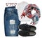 White t-shirt, blue boyfriend jeans, red glasses, scarf and black textile shoes