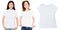 White t-shirt close up mock up isolated, asian and caucasian persons in stylish white blank tshirt. Girl t shirt mockup. tshirt