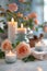 A white table adorned with candles and flowers