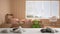 White table, desk or shelf with five soft white pillows in the shape of stars or flowers, over blurred colored child bedroom with