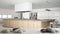 White table, desk or shelf with five soft white pillows in the shape of stars or flowers, over blurred professional kitchen