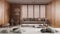 White table, desk or shelf with five soft white pillows in the shape of stars or flowers, over minimalist japandi living room with