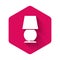 White Table lamp icon isolated with long shadow background. Desk lamp. Pink hexagon button. Vector