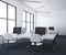 White table open plan office interior, dark floor