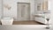 White table or shelf with crystal hourglass measuring the passing time over blurred modern bathroom with bathtub and shower, archi