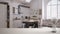 White table or shelf with crystal hourglass measuring the passing time over contemporary kitchen in scandinavian style, architectu