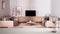 White table or shelf with crystal hourglass measuring the passing time over cosy dove gray and beige living room with sofa,