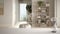 White table or shelf with crystal hourglass measuring the passing time over minimalist bathroom, sink and shelves, potted plants,