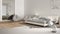 White table or shelf with crystal hourglass measuring the passing time over minimalist classic bedroom with bed, carpet and poufs