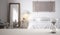 White table or shelf with crystal hourglass measuring the passing time over modern bedroom with double bed