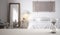 White table or shelf with crystal hourglass measuring the passing time over modern bedroom with double bed, architecture interior