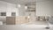 White table or shelf with crystal hourglass measuring the passing time over modern wooden kitchen with shelves and cabinets