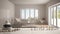 White table shelf with pebble balance and 3d letters making the word feng shui over minimal living room with armchair carpet, parq