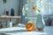 On the white table, there is a vase on the right, Small cake, orange,with a blurred background in a Nordic style, minimalist AI