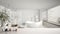 White table top or shelf with minimalistic bird ornament, birdie knick - knack over blurred contemporary bathroom with big panoram