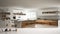 White table top or shelf with minimalistic bird ornament, birdie knick - knack over blurred contemporary wooden kitchen, modern in