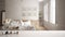 White table top or shelf with minimalistic bird ornament, birdie knick - knack over blurred scandinavian white bedroom, modern int