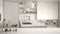 White table top or shelf with minimalistic bird ornament, birdie knick - knack over blurred white and wooden kitchen with cabinets