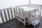 White tables and chairs in restaurant. empty rattan furniture coffee set table chair at wooden floor sea front by the sea.
