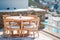 White tables with chairs at summer empty open air cafe in luxury hotel