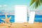 White tablet and smart phone with isolated white screen for mockup. Summer on beach, sea, sand, blue sky, palm, starfish and shell
