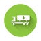 White Tanker truck icon isolated with long shadow. Petroleum tanker, petrol truck, cistern, oil trailer. Green circle