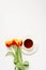 White tea cup with saucer and red and yellow tulips on white background Concept of love and spring. Flat lay and copy space