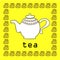 White teapot with Oriental designs on a yellow background