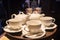 White teaset on tray in restaurant