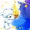 White Teddy bear and night stars background. watercolor