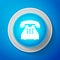 White Telephone icon isolated on blue background. Landline phone. Circle blue button with white line. Vector