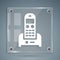 White Telephone icon isolated on grey background. Landline phone. Square glass panels. Vector Illustration