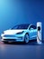 White tesla model is plugged into charging station on blue background
