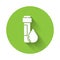 White Test tube with water drop icon isolated with long shadow. Green circle button. Vector