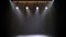 White theatrical beams of overhead light illuminating an empty dark stage. Bright neon spotlights and smoke on a black