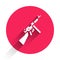 White Thompson tommy submachine gun icon isolated with long shadow. American submachine gun. Red circle button. Vector