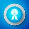 White Thumbs up on medal badge with ribbons icon isolated on blue background. Circle blue button with white line. Vector