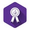 White Thumbs up on medal badge with ribbons icon isolated with long shadow. Purple hexagon button