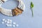 White and tiger stone beads necklace on a blue background with refined sugar and plant