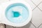 White toilet bowl with blue detergent