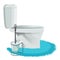 White toilet bowl on blue rug and cleaning brush icons