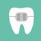 White tooth braces icon. Brace teeth. Cute cartoon funny icon. Oral dental hygiene. Children teeth care. Flat design. Green