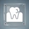 White Tooth with caries icon isolated on grey background. Tooth decay. Square glass panels. Vector