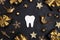 White tooth with golden decorations and gift boxes on black background. Dentist Merry Christmas and New Year concept