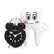 White Tooth Person Character Mascot with Alarm Clock. 3d Rendering