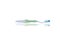 White toothbrush green stripe blue bristles used for a long time, have shadows on a white background