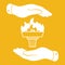 White torch icon with flame and flat hands